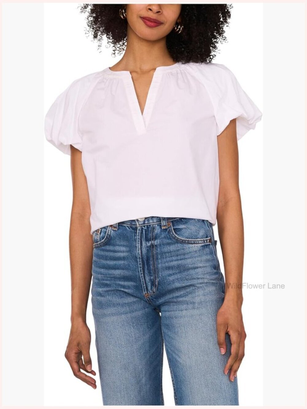 Raglan Puff Sleeve Blouse V-Neck Short Sleeve Solid Cotton